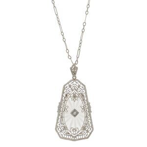 White Gold Diamond Rock Crystal Art Deco Necklace 16 3/4" - 10k Floral Vintage